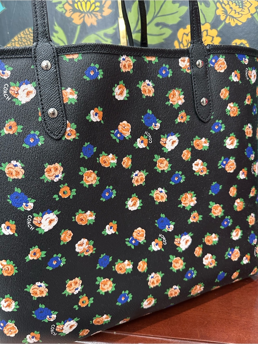 Coach Reversible Floral Market Tote Black Crossgrain Leather Shopper Bag - Picture 10 of 12